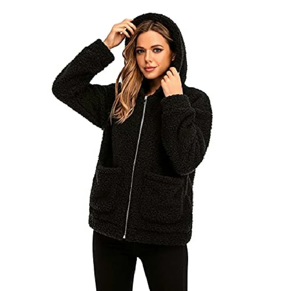 Oversized Faux Shearling Hooded Jacket - Fleece Lined Winter Coat